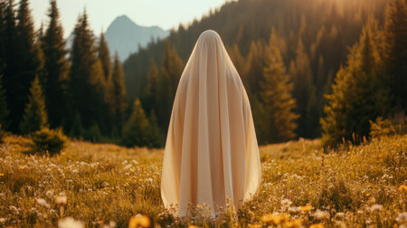 Bathed in sunlight, a luminous figure graces a peaceful valley, surrounded by vibrant flowers This ethereal image evokes tranquility and spiritual renewal, symbolizing resurrection, eternal life, and everlasting peace It highlights the comforting, eternal cycle of nature AI Generativeの素材