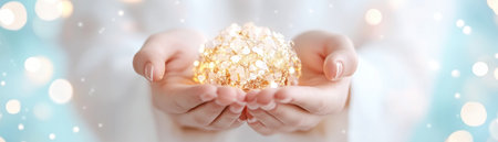 A luminous golden orb, cradled in gentle hands, symbolizes a divine figure Its radiant light, not reaching for the heavens, but extending towards us, embodies hope, resurrection, and grace This ethereal image, with its soft blue and white background, evokes warmth, spiritual connection, a celestial glow, and profound peace AI Generativeの素材