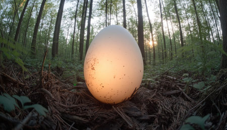 In a serene forest clearing, a luminous egg cracks open, symbolizing resurrection and faith This awe-inspiring image captures new life emerging amidst nature's peace, evoking hope and spiritual awakening Experience the profound beauty and wonder of this spectacular scene, a testament to rebirth and new beginnings AI Generativeの素材