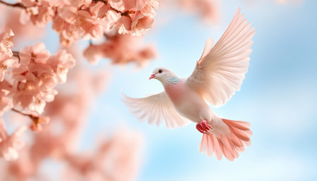 A luminous dove soars over a tranquil sea, embodying faith and renewal This breathtaking image evokes healing, enlightenment, and profound peace Soft light and delicate detail create a scene perfect for meditation, inspiring tranquility and spiritual awakening It's a powerful visual of hope and serene beauty AI Generativeの素材