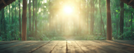 Experience a peaceful Sunday worship captured in a serene forest bathed in golden light A wooden platform invites contemplation amidst natural textures, inspiring reflection and calm Soft lighting enhances the tranquility, evoking a deep connection with nature and spirituality in this beautifully lit landscape AI Generativeの素材