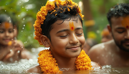 Experience the vibrant joy of a multigenerational family celebration Traditional music and dance unite loved ones, while cultural traditions unfold with families in water, smiles beaming, and flowers blooming Discover unique rituals and see families embracing their heritage Perfect for showcasing family, heritage and unity AI Generativeの素材