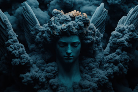 A celestial vision unveils an angel amidst ethereal clouds, radiating heavenly light This image embodies resurrection, spirituality, and redemption It inspires faith and wonder, evoking a powerful spiritual awakening The majestic figure, a beacon of grace and hope, invites viewers to explore its divine symbolism AI Generativeの素材