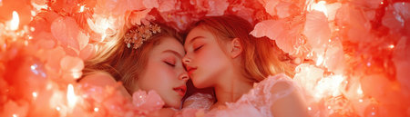 This image isn't a lively family scene Instead, it depicts two people in a dreamy, romantic setting Surrounded by pink and white petals, with closed eyes and soft light, they evoke a sense of serenity and calm, creating an artistic and intimate moment rather than a joyful gathering AI Generativeの素材