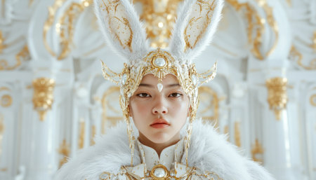 This avant-garde runway look features a high-fashion model sporting whimsical bunny ears, pushing boundaries with innovative design The artistic costume, a beautiful white and gold garment, showcases cutting-edge haute couture Texture, creativity, and fantasy converge, creating a truly unique and captivating style AI Generativeの素材