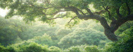 Behold an ancient tree reborn in spring Fresh green leaves adorn its branches, symbolizing resurrection and nature's strength This image, a testament to life's cycles, captures renewal and the vibrant beauty of the natural world in its most inspiring form AI Generativeの素材