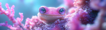 Behold a charming pink frog, a symbol of spring renewal! Celebrated at a vibrant festival with nature-inspired costumes and rituals, this adorable amphibian rests among pink floral coral The image bursts with life, capturing nature's beauty and vibrant colors in a true marvel AI Generativeの素材
