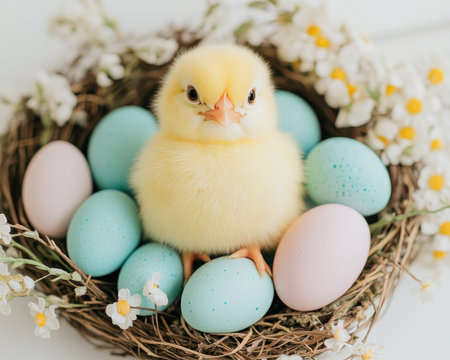 A charming Easter image captures a fluffy yellow chick nestled in a rustic wreath with pastel eggs Soft lighting highlights the detail, creating a captivating festive scene Perfect for decorations or cards, this image embodies the joy of spring and Easter AI Generativeの素材