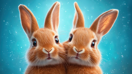 Charming illustration showcasing adorable rabbits with their iconic bunny ears These cute, realistic drawings feature two fluffy bunnies with long, upright ears, perfect for spring projects or children's books A soft background enhances their whimsical essence Ideal for digital art AI Generativeの素材