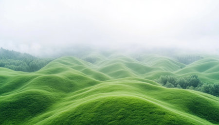 Immerse yourself in the tranquility of rolling, lush hills, where warm seasonal hues create a serene backdrop This breathtaking view blends vibrant greens with soft seasonal tones, offering a calming escape into nature's peaceful embrace Perfect for desktop wallpaper, digital backgrounds, and nature art, these images evoke serenity and invite AI Generativeの素材