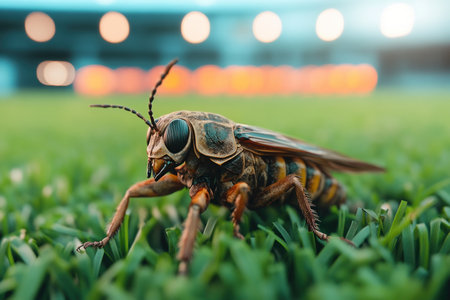 Delve into a close-up world of insects on vibrant green grass, revealing nature's intricate ecosystem This detailed view highlights the beauty of small creatures and their habitat, perfect for educational purposes or nature-themed content Observe the delicate balance of life in this miniature marvel AI Generativeの素材