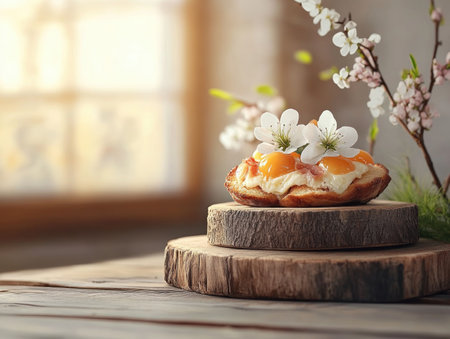 This image captures a serene Springtime Easter feast Soft candlelight illuminates a delectable pastry adorned with delicate blossoms, while a distant window casts a warm glow Natural wood textures enhance the joyful, traditional ambiance of this small, intimate celebration It embodies the essence of Spring's beauty and the warmth of AI Generativeの素材