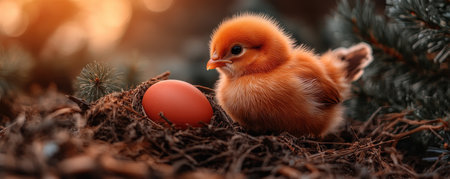 Embrace spring's joy with this charming image! A cheerful Easter chick flutters near an ornate egg, celebrating new life and vibrant colors This tender scene embodies innocence, renewal, and the magic of Easter A perfect addition to your seasonal collection, capturing the essence of springtime AI Generativeの素材