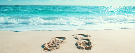 Find solace and inspiration in a serene dawn beach Gentle waves erase footprints, symbolizing faith and renewal Soft sand and clear water invite tranquility, perfect for reflecting on life's journey Experience peace and calm renewal in this peaceful embrace AI Generativeの素材