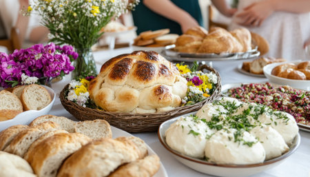 Celebrate Easter with a joyful spring feast! Families gather amidst vibrant colors, sharing cherished traditions and delicious food Heartwarming moments and loved ones create unforgettable memories in this portrayal of a meaningful Easter celebration AI Generativeの素材