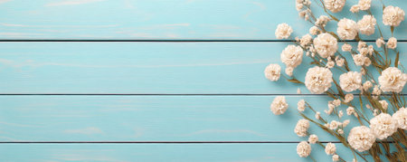 A Mother's Day carnation bouquet, expressing gratitude, graces a serene blue wood backdrop Delicate white blossoms create a calming, elegant aesthetic perfect for cards, crafts, or web design These beautiful flowers capture the essence of maternal affection and spring celebrations with their heartfelt symbolism AI Generativeの素材