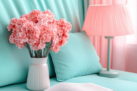 This Mother's Day gift captures a cozy, loving celebration at home Soft pink and teal floral arrangements create a serene backdrop for heartfelt family moments The image evokes warmth and joy, symbolizing deep appreciation and the special bond shared on this special occasion AI Generativeの素材