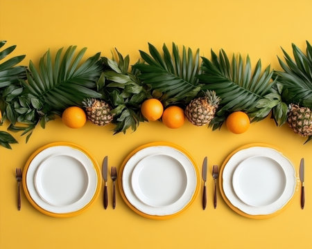 A Mother's Day table, radiating warmth and love, is set for a joyous celebration White plates and gold flatware grace bright yellow placemats adorned with tropical foliage, pineapple, and oranges Cards from each family member highlight their shared bond Perfect for an intimate brunch, it embodies the special connection of AI Generativeの素材