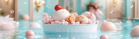 This image is not a Mother's Day card Instead, it's a pastel-hued, dreamlike scene featuring a dessert dish of ice cream, cherries, and candy Floating pink spheres and bubbles enhance the whimsical food-focused composition Ideal for backgrounds or food-themed designs, it lacks parenting imagery AI Generativeの素材