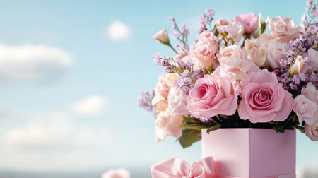 Express Mother's Day love with this tender image A pastel backdrop of lavender and pink complements a floral gift arrangement and handwritten notes on a table Perfect for cards, websites, and social media, it captures the heartfelt joy and appreciation of the day AI Generativeの素材