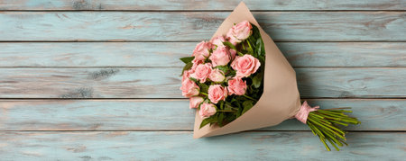 A handwritten letter, unseen yet felt, embodies a child's love This heartfelt gift is paired with a stunning bouquet of pink roses, all resting on a soft blue wooden backdrop This image perfectly captures the essence of Mother's Day, conveying deep gratitude and making the occasion truly special and memorable AI Generativeの素材