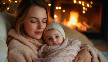 A mother tenderly embraces her child beside a crackling fireplace, bathed in warm, gentle light This cozy image evokes feelings of comfort, security, and familial love Perfect for capturing the essence of motherhood during winter, it radiates happiness and peace through a timeless scene of serene connection AI Generativeの素材