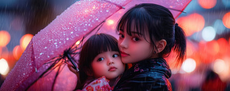 Under a pink umbrella, a mother lovingly shields her child from the rain Soft bokeh lights illuminate this tender moment, showcasing maternal protection and their strong bond The rain creates a magical, ethereal atmosphere, emphasizing the beauty of this unique image Discover the power of love and care AI Generativeの素材