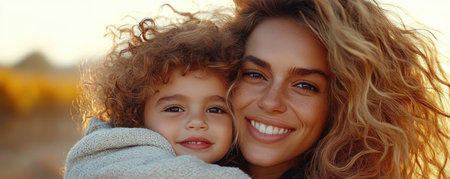 A mother and child share a tender embrace in a sunflower field bathed in soft dusk light Their loving connection radiates from the image, a timeless portrait of maternal affection The serene scene beautifully captures familial love amidst nature's stunning beauty, embodying warmth and tenderness AI Generativeの素材