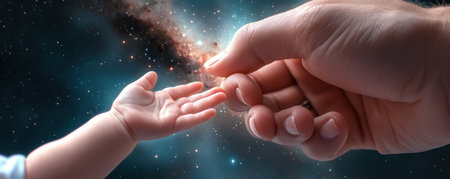 A mother, hand-in-hand with her child, points to the starlit sky, embodying connection and wonder Their shared gaze at the constellations symbolizes boundless potential and a guided path of discovery This powerful moment highlights care, deep connection, and a shared experience of the vast universe AI Generativeの素材