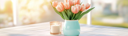 Celebrate spring and Mother's Day with this charming tulip arrangement Peach-colored blooms grace a teal vase, accompanied by a warm candle Perfect for gifts, cards, or backgrounds, its floral theme suits any occasion, radiating love and seasonal joy AI Generativeの素材