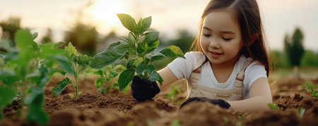 A mother tenderly guides her child in planting flowers under the soft morning sun The child, carefully placing a seedling, learns about gardening and nature's beauty This heartwarming image captures a peaceful moment of growth, nurturing a love for the earth within a tender bond AI Generativeの素材
