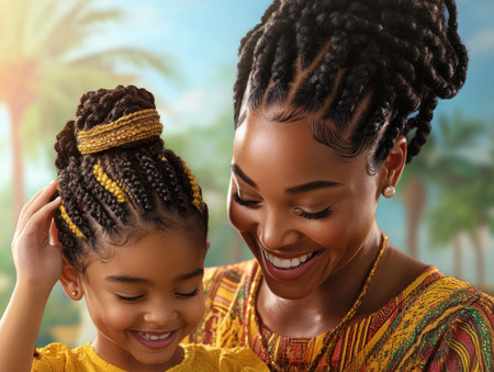 A sunlit room glows as a mother lovingly braids her child's hair, laughter echoing softly This tender scene captures the beautiful bond and joy of family life It's a warm, intimate portrait of a mother's care, highlighting the special connection between them A touching moment of love and nurture AI Generativeの素材
