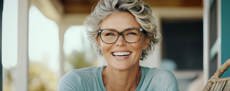 This heartwarming image captures a peaceful Mother's Day moment, radiating genuine happiness and love A close-up shows a smiling woman with grey hair and glasses, her open, inviting look highlighting the beauty of family bonds and the special occasion The image celebrates meaningful connections and joyous expressions AI Generativeの素材