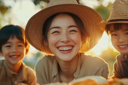This heartwarming image captures Mother's Day joy: a laughing mother surrounded by family at a garden party Nature's beauty and loving decor create a scene of family togetherness and celebration Perfect for cards and projects, this photo radiates happiness, embodying love and cherished memories AI Generativeの素材