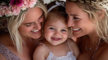 A Mother's Day scene overflows with love as two blonde women embrace a smiling child in a white dress One woman wears a floral crown, the other has braided hair Soft light and shallow depth of field enhance the joy, capturing a perfect moment of family bliss and connection AI Generativeの素材