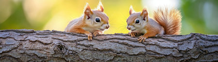Celebrate Mother's Day with this heartwarming image of two baby squirrels nestled on a branch Warm tones and soft bokeh highlight their tender moment, mirroring the closeness of family love This serene scene, capturing nature's beauty, is perfect for expressing affection and appreciation this Mother's Day AI Generativeの素材