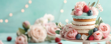 This Mother's Day background captures a joyful backyard party with soft fairy lights and flower wreaths A stunning dessert table, highlighted by a beautiful cake centerpiece, evokes warmth and pastel charm Perfect for heartfelt projects, this scene celebrates mothers with its delightful floral arrangements and inviting ambiance AI Generativeの素材