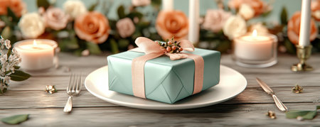 A heartwarming Mother's Day scene: a light blue gift with a peach bow, nestled among pastel florals and glowing candles This image embodies affection, tenderness, and appreciation, capturing the spirit of maternal love Perfect for cards or blog posts, it evokes warmth and joy, creating a cherished memory AI Generativeの素材