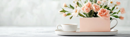 Celebrate Mother's Day with this touching scene: a handcrafted card nestled on a breakfast tray, brimming with gratitude alongside delicate flowers and a steaming coffee Soft, pastel hues and gentle lighting create a warm, appreciative atmosphere, capturing the essence of morning joy and love AI Generativeの素材