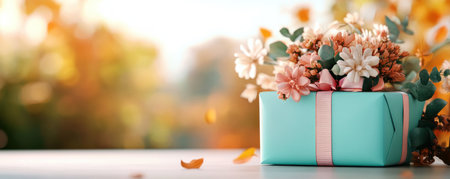 A Mother's Day gift radiates warmth: a turquoise box tied with a pink ribbon, overflowing with fresh flowers Bathed in golden light, the present embodies gratitude and love It's a thoughtful gesture, the soft light and floral beauty creating a truly heartfelt and perfect gift for her AI Generativeの素材