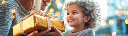 This Mother's Day image captures a beautiful intergenerational moment: a grandmother gifting a gold-wrapped heirloom to her daughter Surrounded by family warmth and joyful celebration, it embodies love, tradition, and unity This precious scene highlights the powerful bond between generations, creating a lasting memory of family connection AI Generativeの素材