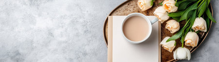 Show your love this Mother's Day with a heartfelt card resting on a breakfast tray Warm coffee and elegant white tulips accompany this special gesture It's a perfect gift - a combination of a lovingly written card, delicious treats, and beautiful flowers to express your gratitude A simple, yet elegant AI Generativeの素材