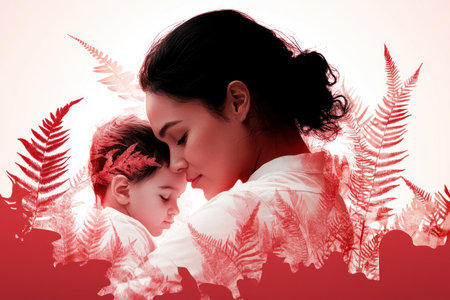 This image beautifully captures maternal love A mother and child embrace tightly, showcasing their deep bond and unconditional affection The tender hug radiates warmth and mutual cherishing, highlighting the pure connection between them Abstract fern leaves create a delicate background, emphasizing the familial love portrayed AI Generativeの素材