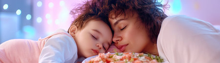Experience the warmth of motherhood in this tender image A mother with curly hair leans to kiss her sleeping child's head, tucking them into bed Bathed in a soft pink hue, the scene radiates love and devotion, beautifully portraying the unbreakable bond between a mother and child with matching curls AI Generativeの素材