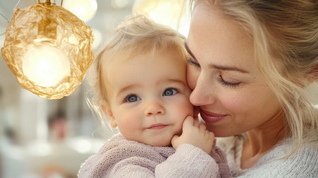 This touching photograph captures a tender moment: a mother cradling her child's face, their eyes locked in a loving gaze A beautiful portrait of maternal affection, the soft glow and pure connection highlight the deep intimacy of family, freezing a beautiful embrace in time It's a powerful image of love AI Generativeの素材