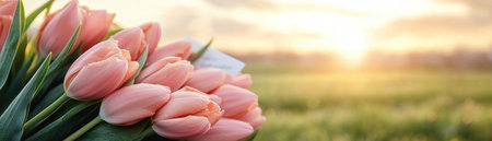 Evoke warmth with this Mother's Day background A field of blooming tulips and a handwritten letter create a sentimental scene, bathed in soft spring light Ideal for heartfelt cards and online greetings, this image beautifully captures love and appreciation on this special occasion Share the beauty of gratitude AI Generativeの素材