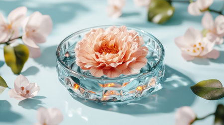 Celebrate motherhood with a radiant image: A delicate flower in a glass bowl, softly lit, surrounded by blossoms against a calming blue This scene embodies the warmth and unique bond between a mother and her family Perfect for heartfelt cards and gifts, it's a classic and meaningful expression of love AI Generativeの素材