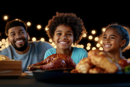 A serene family dinner celebrates Mother's Day, with a gift at its heart Joyful smiles and warm lights illuminate a loving family gathered around a cooked turkey, symbolizing togetherness This heartfelt occasion, filled with laughter and appreciation, creates a timeless memory of strong family bonds AI Generativeの素材