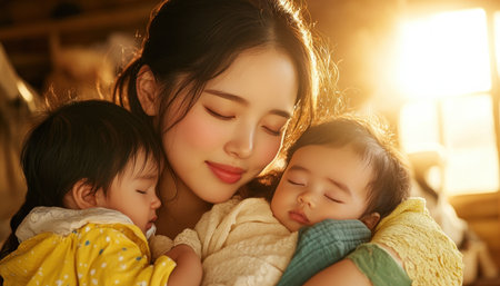 Sunlight bathes a mother cradling her newborn, a scene of pure love and protection This intimate moment highlights the tender bond between them, perfect for illustrating family values, baby products, or the beauty of parenthood Gentle light and profound affection fill this peaceful image AI Generativeの素材