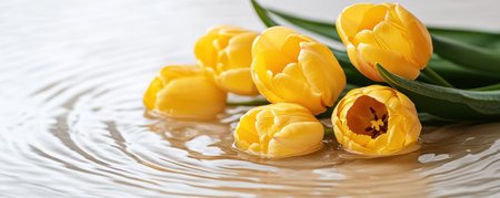 This Mother's Day flower arrangement captures love with delicate yellow tulips Gently immersed in water, they convey tender emotions with elegance and freshness A perfect gift expressing appreciation, it adds beauty and softness to any project, embodying a truly heartfelt sentiment AI Generativeの素材